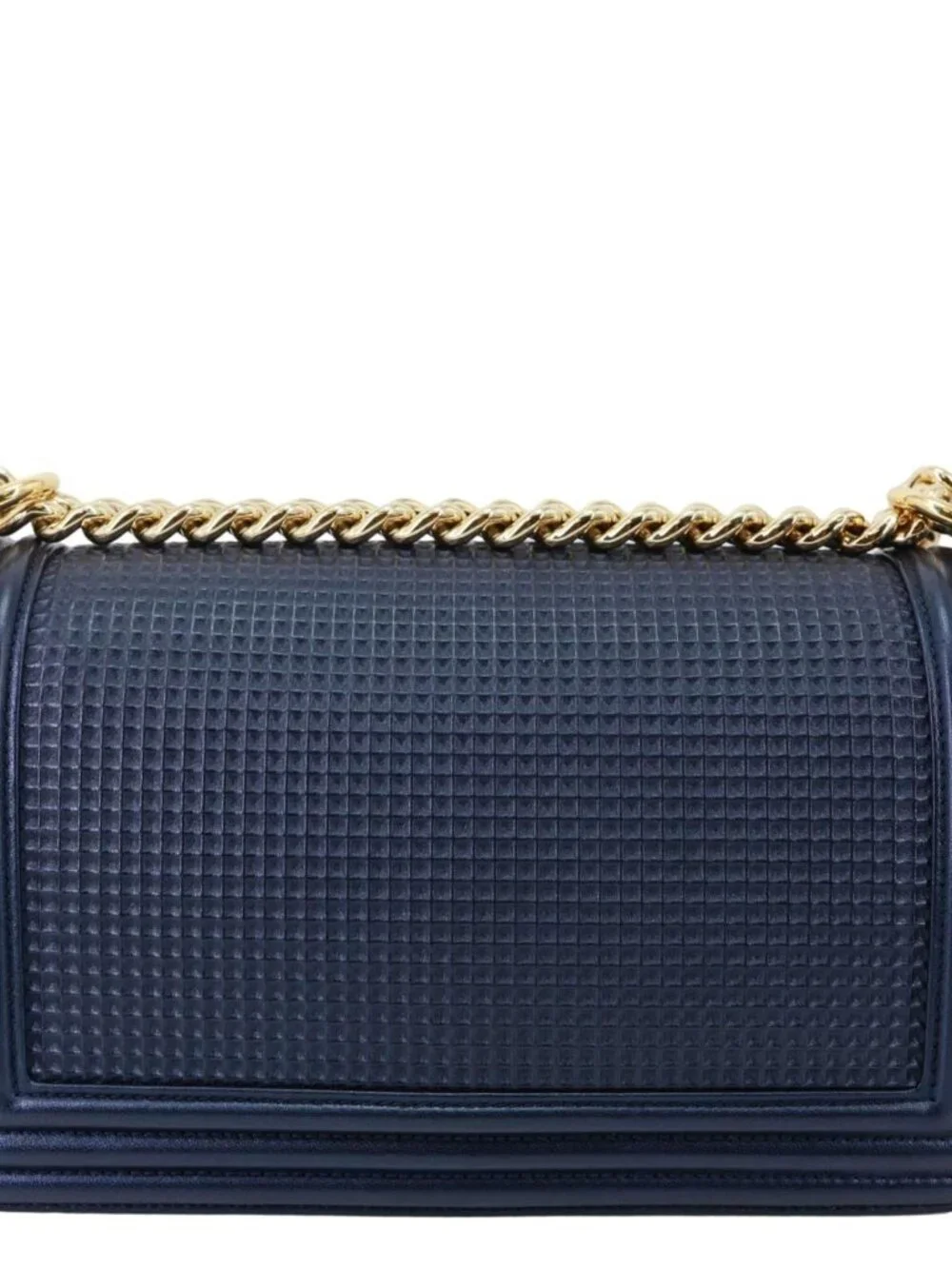 Chanel  Boy Flap Medium Cube Embossed Leather Shoulder Bag Navy Blue